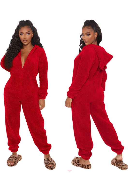 Red Plush Hooded Pajama Jumpsuit