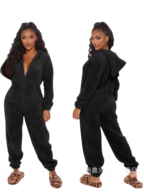 Black Plush Hooded Pajama Jumpsuit
