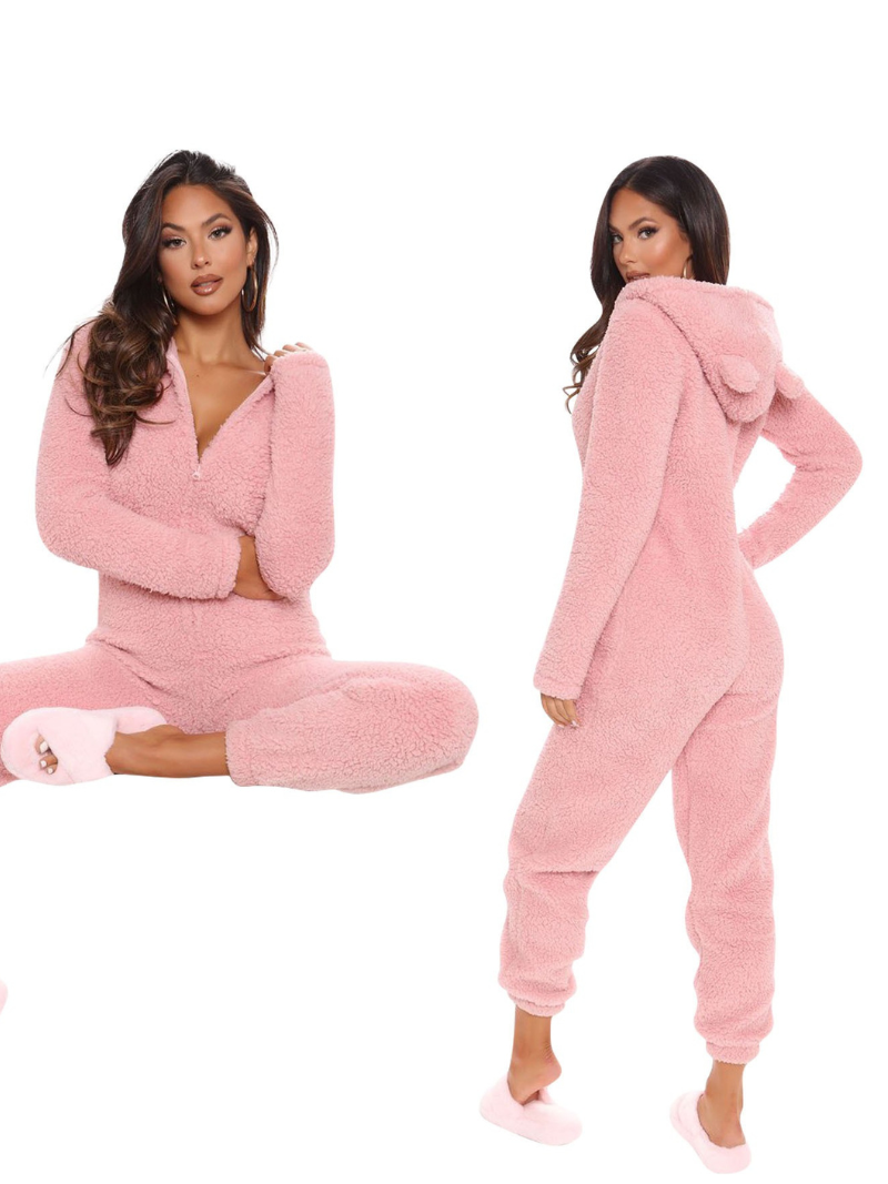 Pink Plush Hooded Pajama Jumpsuit