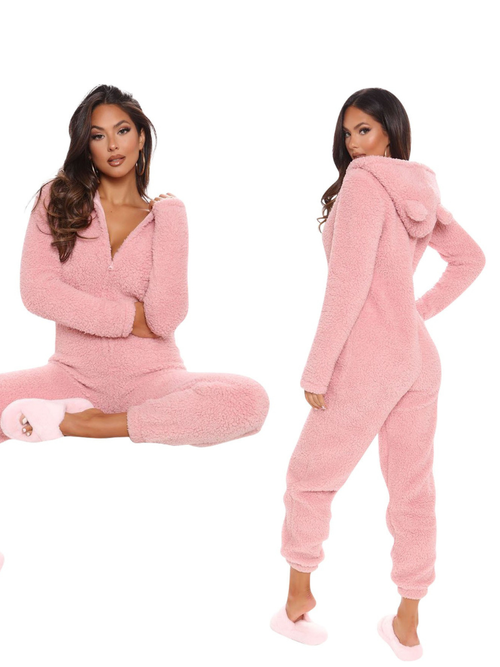 Pink Plush Hooded Pajama Jumpsuit