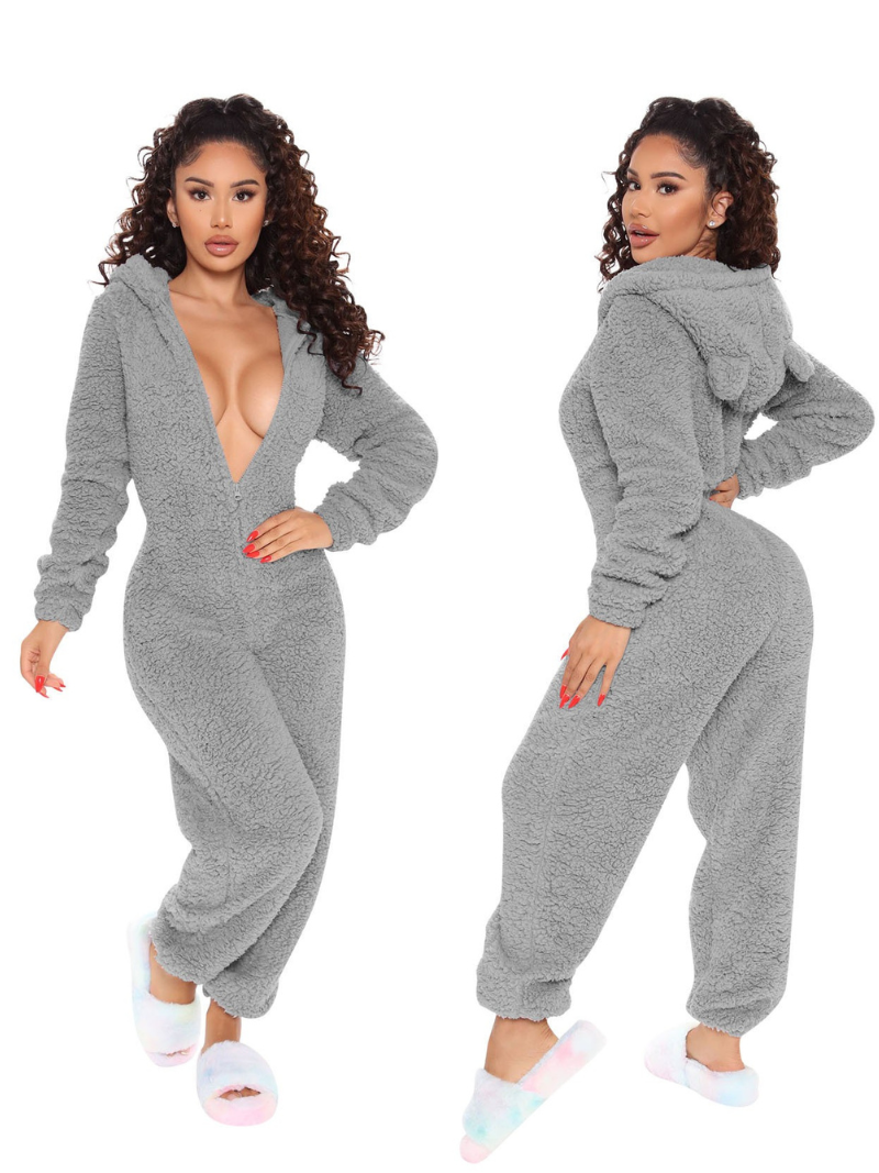 Grey Plush Hooded Pajama Jumpsuit