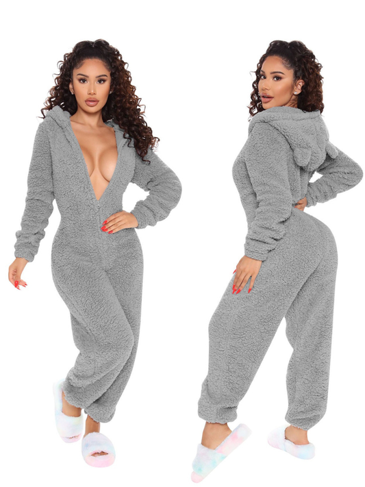Grey Plush Hooded Pajama Jumpsuit
