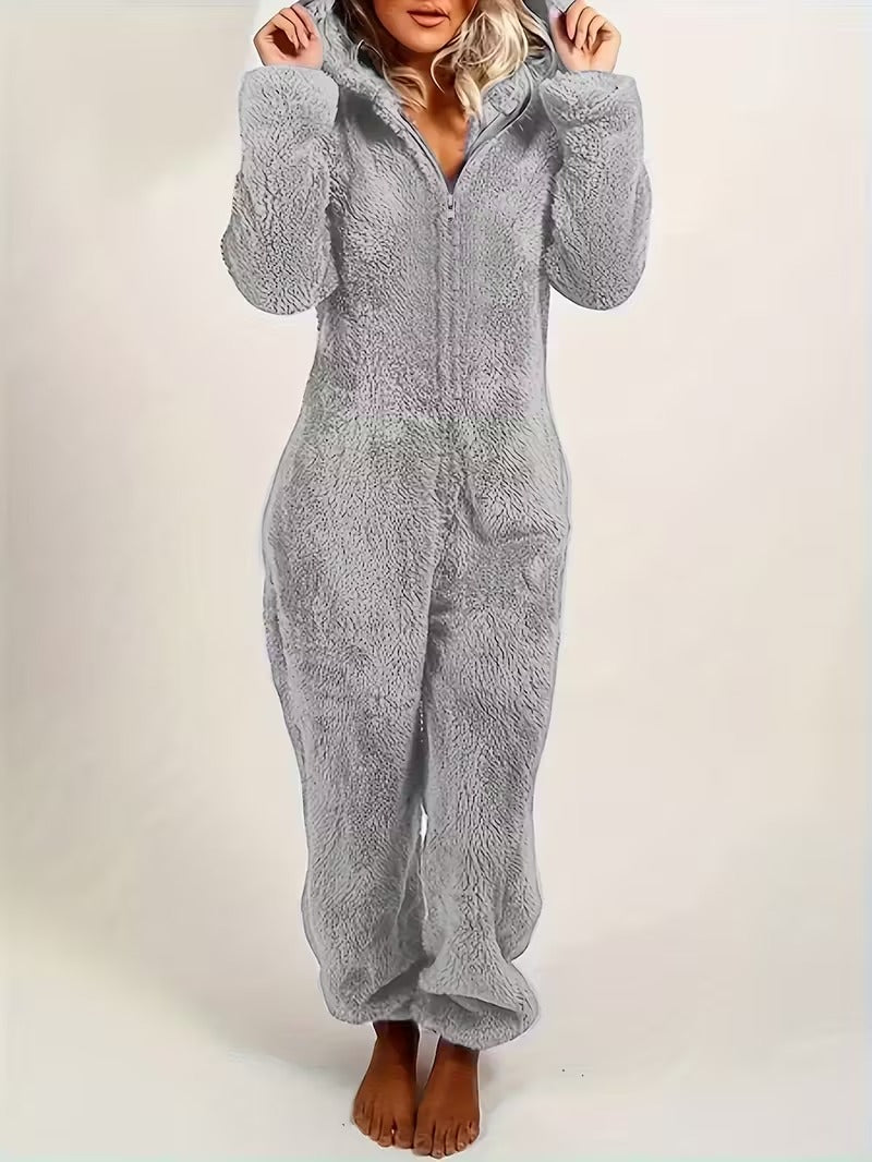 Grey Plush Hooded Pajama Jumpsuit