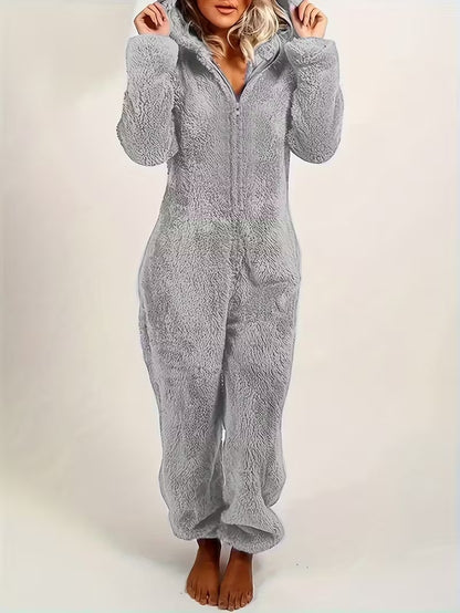 Grey Plush Hooded Pajama Jumpsuit