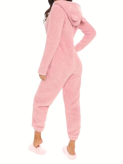 Pink Plush Hooded Pajama Jumpsuit