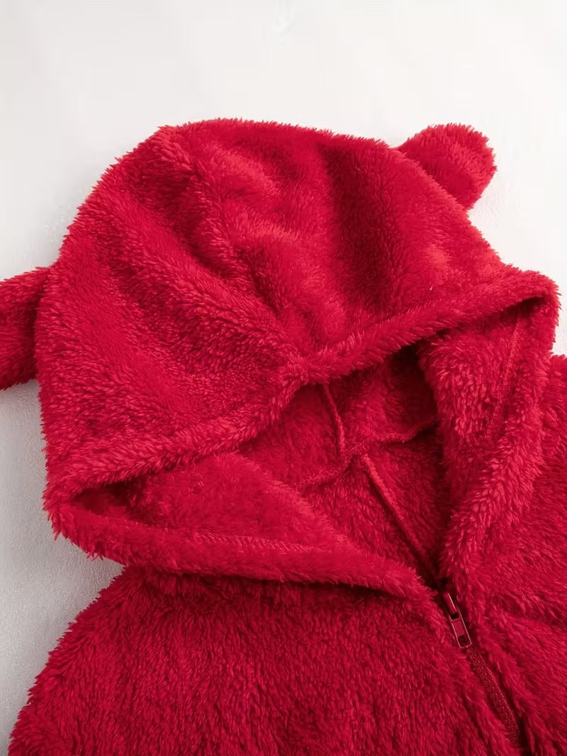 Red Plush Hooded Pajama Jumpsuit