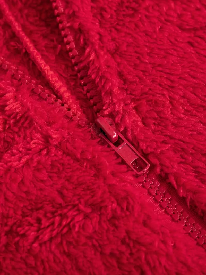 Red Plush Hooded Pajama Jumpsuit