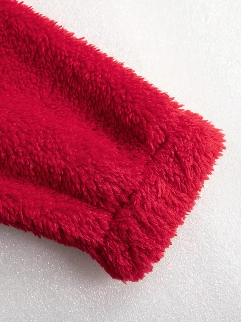 Red Plush Hooded Pajama Jumpsuit