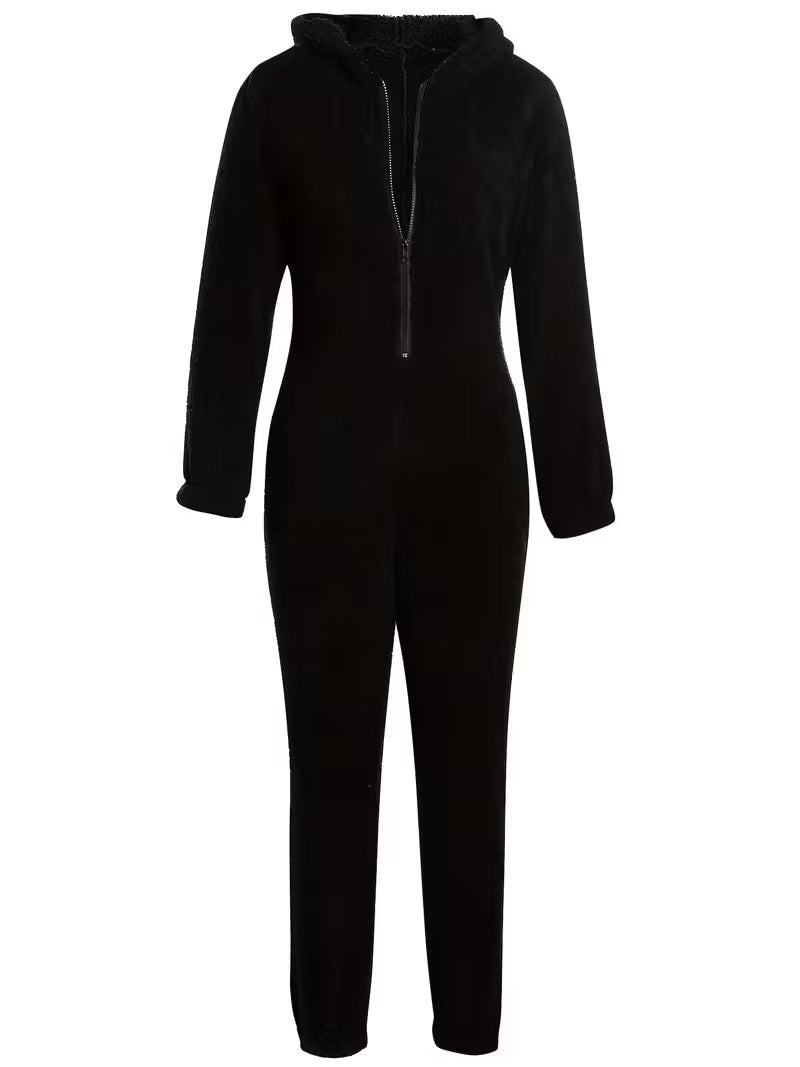 Black Plush Hooded Pajama Jumpsuit