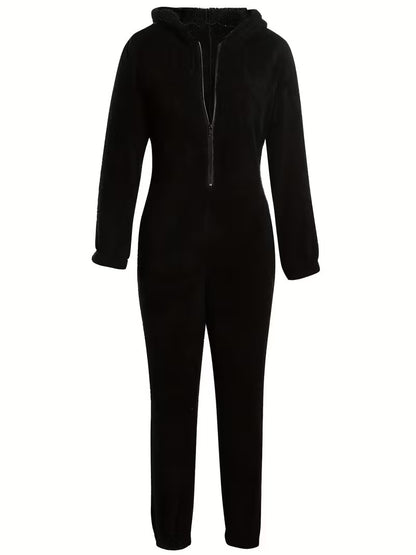 Black Plush Hooded Pajama Jumpsuit