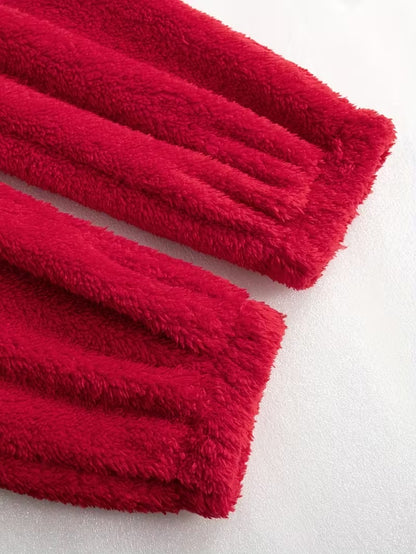 Red Plush Hooded Pajama Jumpsuit