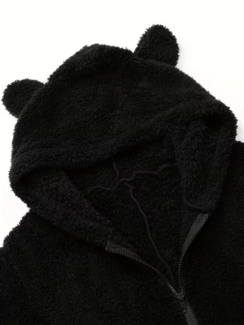 Black Plush Hooded Pajama Jumpsuit